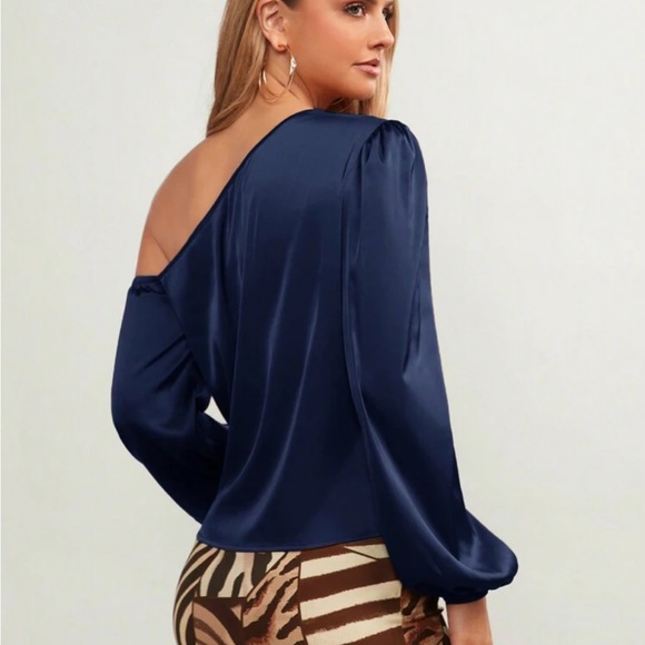 Luxe Satin Asymmetrical Neck Off One Shoulder Long Sleeve Satin Top Blouse - Picture 15 of 16